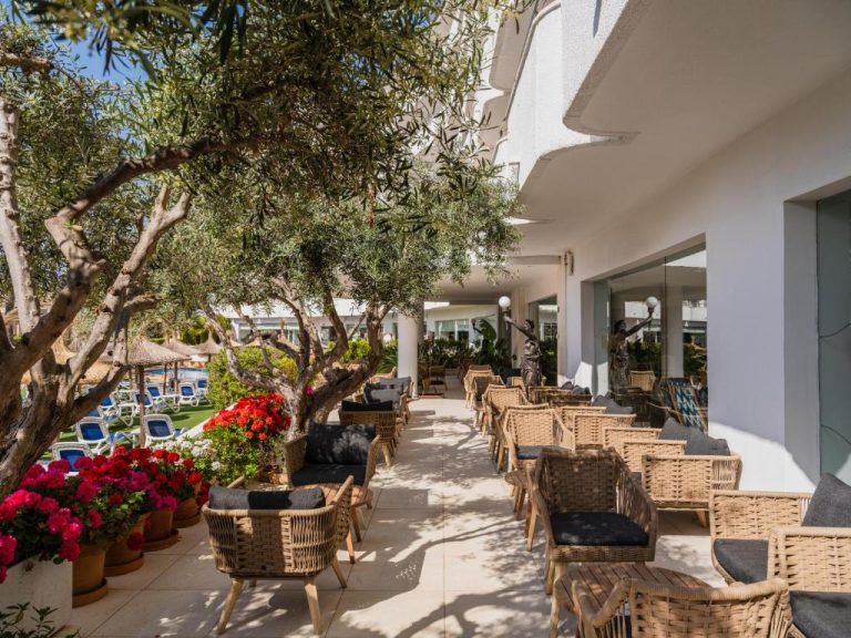 Terraza exterior con sillas de mimbre y jardín con olivos y flores del Grupotel Maritimo
