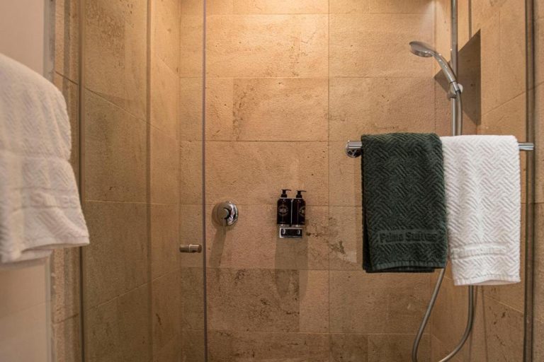 Ducha de lujo con mampara de cristal y amenities MB en Palma Suites