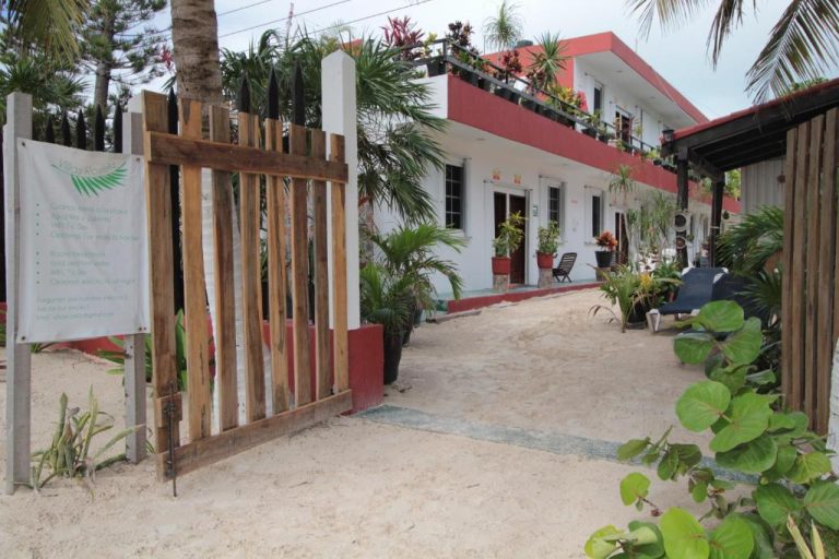 Entrada principal con puerta de madera y jardín tropical de Villas Roseliz frente a la playa