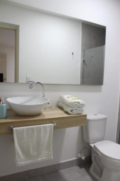 Baño moderno con lavabo sobre encimera de madera y espejo amplio en Hotel Boutique Plaza