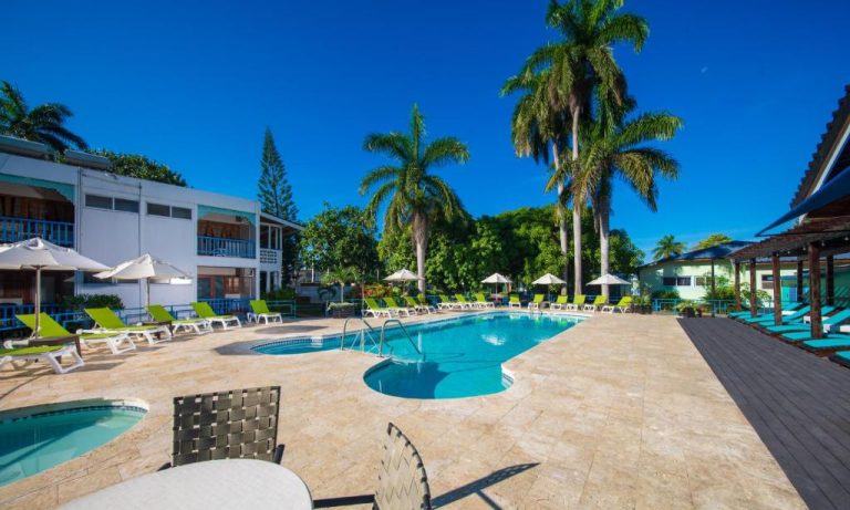 Piscina exterior con tumbonas y palmeras tropicales en Toby's Resort bajo cielo azul