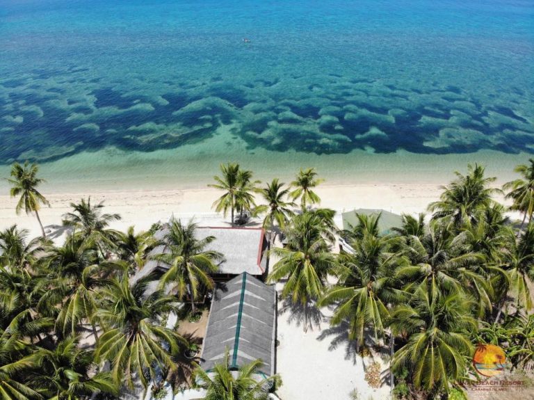 Vista aérea de la playa de aguas cristalinas y palmeras del Lanas Beach Resort en Carabao Island