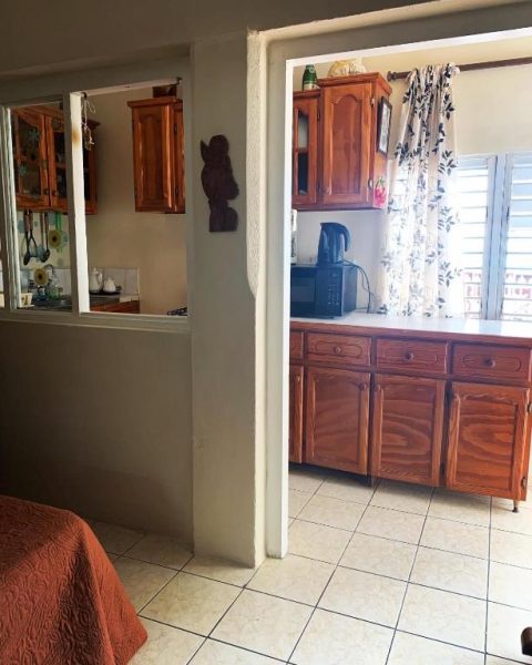 Cocina equipada con gabinetes de madera y microondas en Beach Vue Barbados