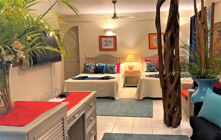 Habitación doble con decoración tropical y dos camas en Hotel Coco Plaza con plantas y ventilador de techo