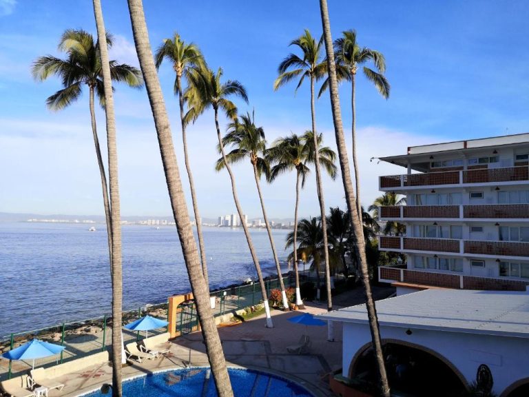 Piscina exterior con palmeras y vista al mar del Hotel Rosita en Puerto Vallarta