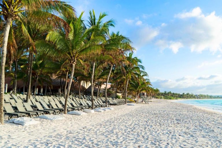 Playa de arena blanca con tumbonas y palmeras tropicales del Catalonia Royal Tulum Beach & Spa Resort