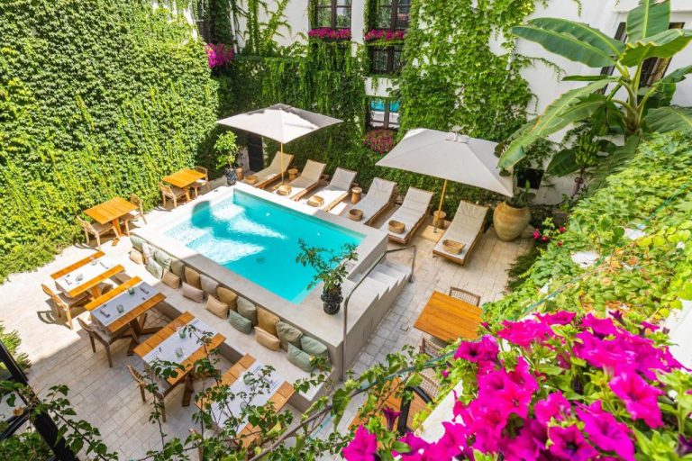 Piscina exterior con tumbonas y jardín vertical en Casa Nostra Boutique Hotel & Spa