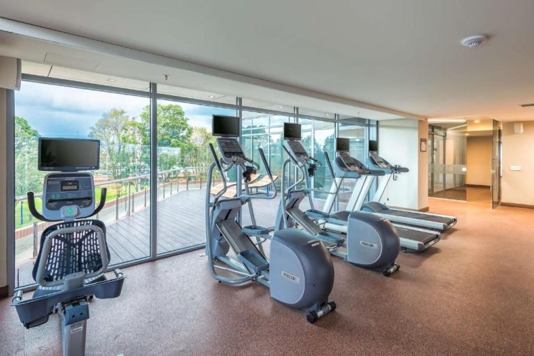 Gimnasio con máquinas elípticas y vistas al exterior en Hilton Garden Inn Bogota Airport