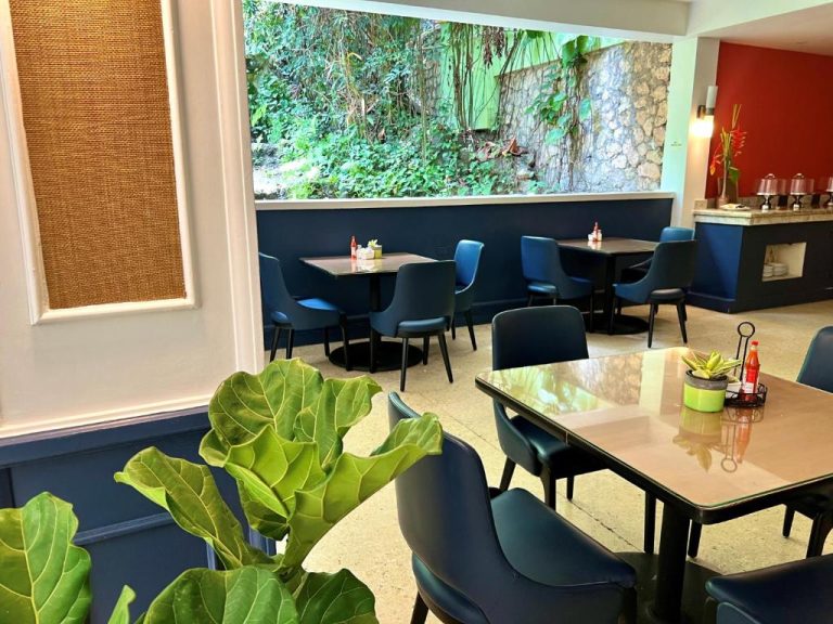 Restaurante interior con sillas azules y vista a jardín tropical en Deja Resort All Inclusive