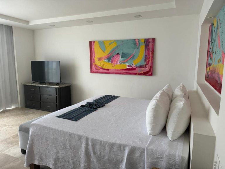 Habitación doble con cama queen, TV y arte colorido en Delfin Beachfront Resort Puerto Vallarta