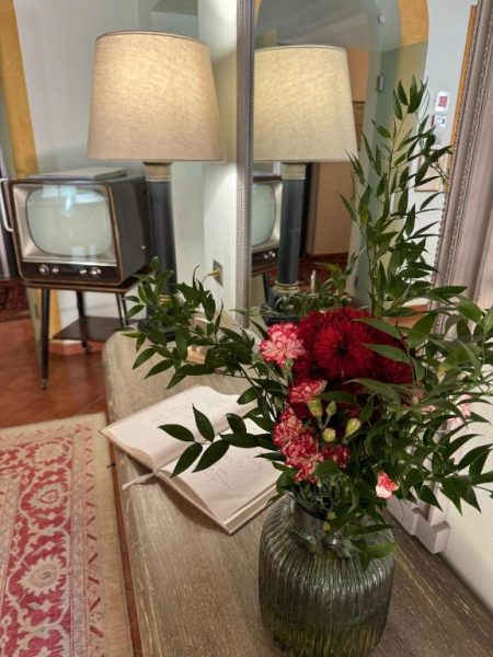 Salón vintage con flores rojas, televisor retro y lámpara clásica en Cortona Resort & Spa