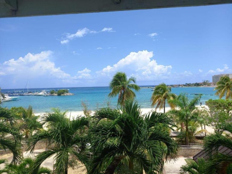 Vista panorámica de la playa y bahía turquesa desde el Ninth River Ocho Rios en Jamaica