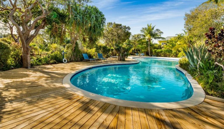 Piscina exterior de forma ovalada con terraza de madera y jardín tropical en Pineapple Fields