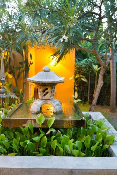 Fuente decorativa japonesa con linterna de piedra y jardín tropical en Casa de Amistad Guesthouse
