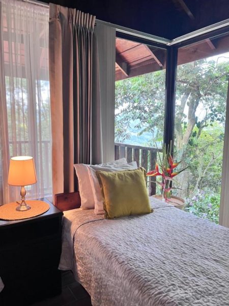 Habitación con cama doble y vista panorámica al bosque tropical en Hotel Villas de la Colina