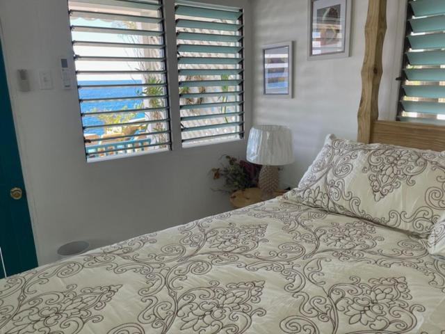 Habitación con cama doble y ventanas con persianas con vistas al mar en Catcha Falling Star