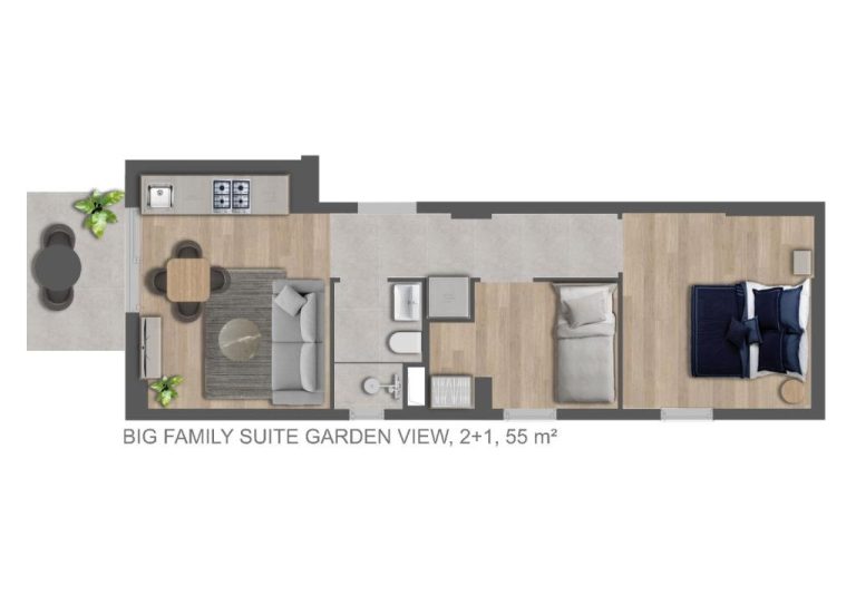 Plano de la Big Family Suite Garden View de 55 m² con 2 dormitorios, salón y cocina en Stile Suite Marine Hotel