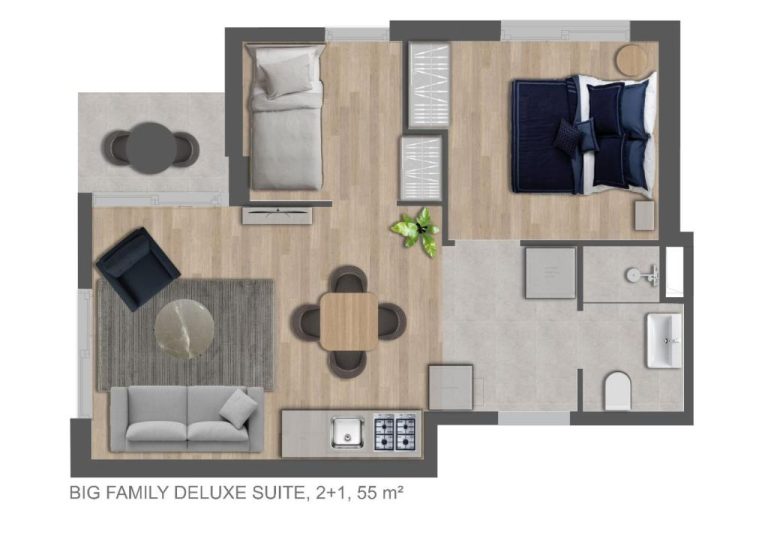 Plano de la Big Family Deluxe Suite de 55 m² con 2 habitaciones y salón en Stile Suite Marine Hotel