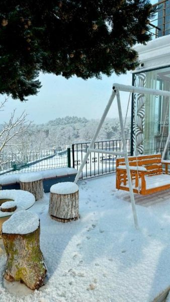Terraza exterior nevada con columpio y troncos decorativos del Green Roof Boutique Hotel & SPA Istanbul