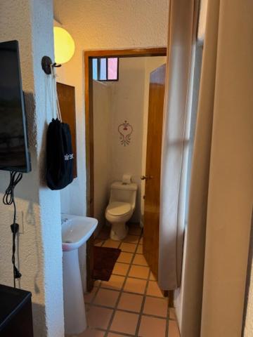 Baño privado con lavabo y sanitario en Hotel Sauza, decorado con azulejos de terracota