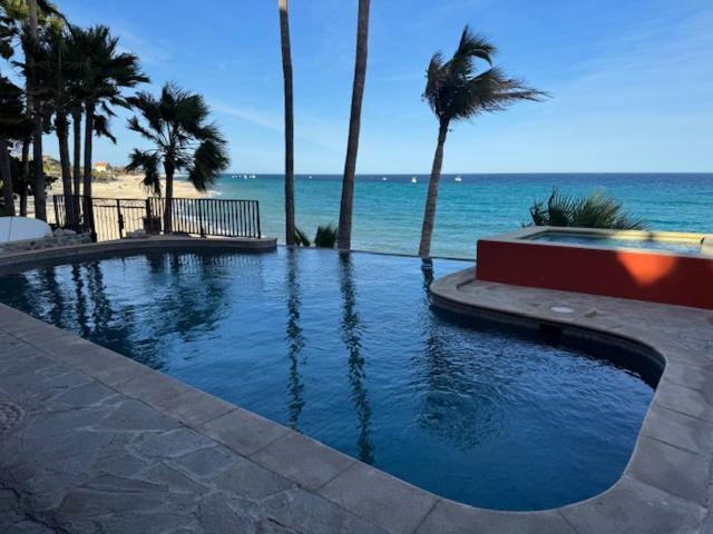 Piscina infinita con jacuzzi y vistas al mar turquesa en Hotel Sauza con palmeras