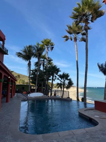 Piscina exterior con vistas al mar y palmeras tropicales en Hotel Sauza frente a la playa