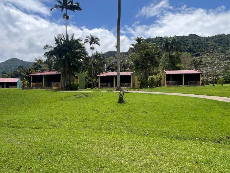 Jardines y cabañas con techos rojos de Hacienda Villa Sotomayor rodeadas de palmeras y montañas tropicales