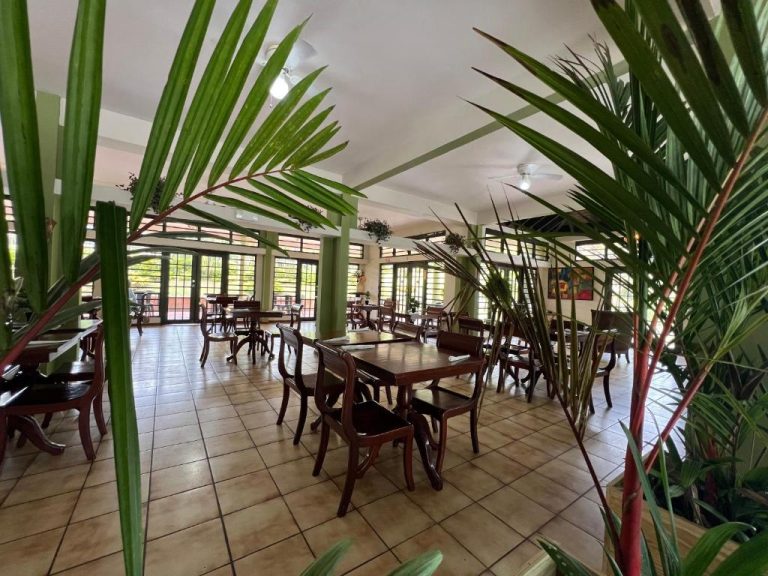Restaurante interior con mesas de madera y plantas tropicales en Hacienda Villa Sotomayor