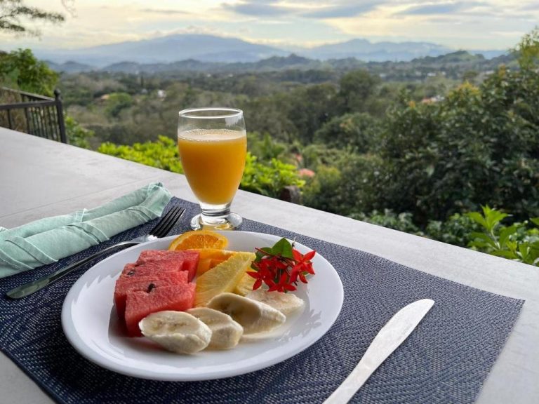 Desayuno de frutas frescas con zumo de naranja y vistas a las montañas en Hotel Villas de la Colina