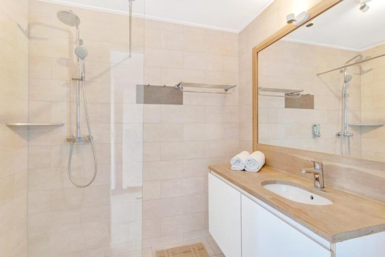 Baño moderno con ducha y lavabo del Chogogo Dive & Beach Resort Curaçao