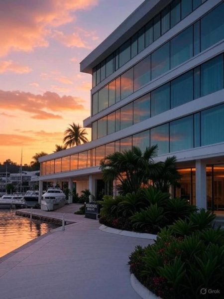 Fachada del Hotel Golf Marina al atardecer con vistas al puerto deportivo y palmeras tropicales