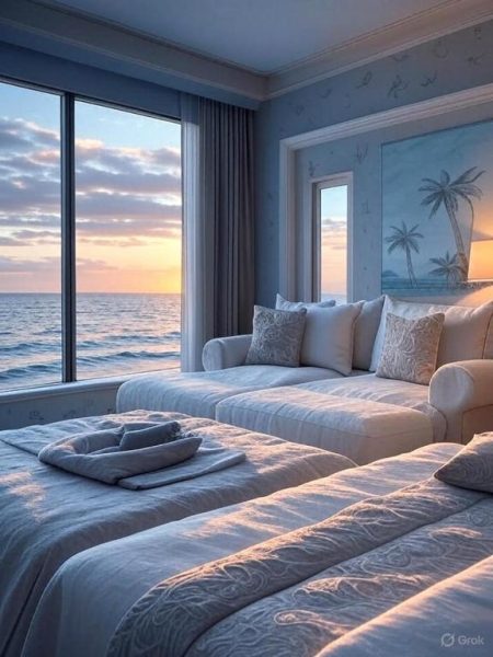 Habitación doble con camas blancas y vista panorámica al mar al atardecer en Hotel Golf Marina