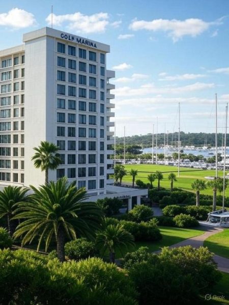 Vista exterior del Hotel Golf Marina con jardines tropicales y puerto deportivo al fondo