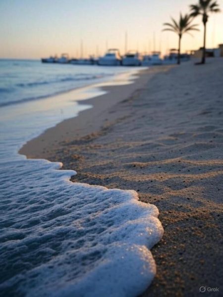 Orilla de playa con espuma de olas al atardecer en el Hotel Golf Marina con vistas al puerto deportivo