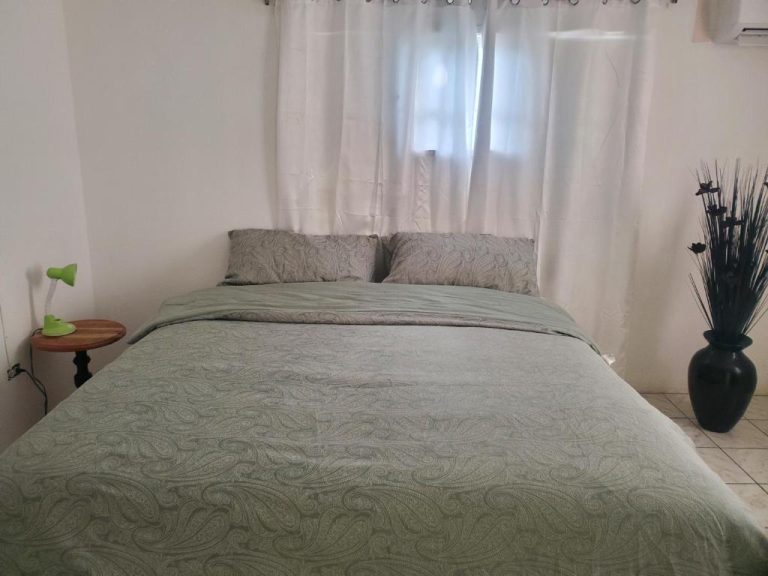 Habitación con cama doble y ropa de cama verde en Evelin's On The Beach