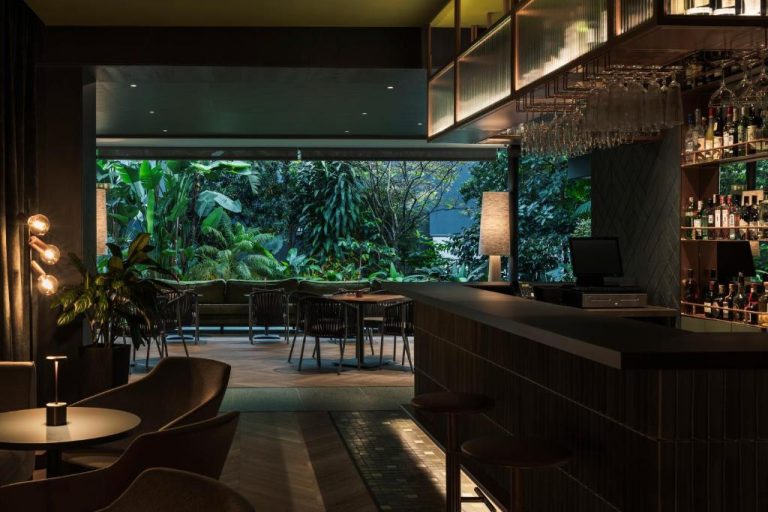 Bar lounge con vistas al jardín tropical del Hotel Poblado Plaza, ambiente íntimo con iluminación cálida