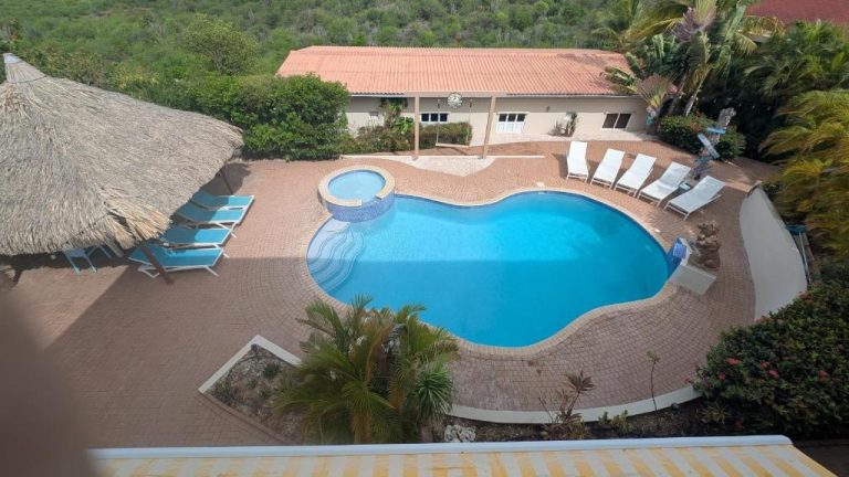 Piscina exterior con jacuzzi y tumbonas del Home Sweet Home Jan Thiel Curaçao con vistas al jardín
