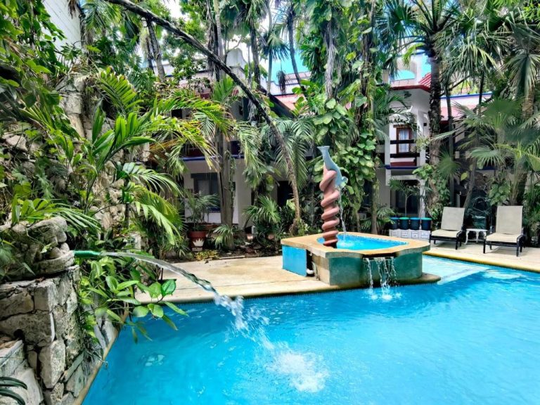 Piscina con fuente decorativa y jardín tropical exuberante en Eco-hotel El Rey del Caribe