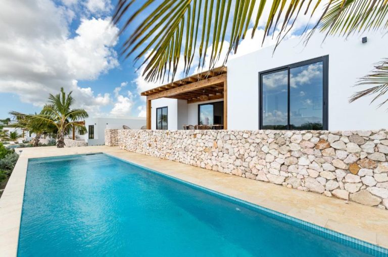 Piscina privada con muro de piedra natural y terraza cubierta en Luxury Villa de 8 personas