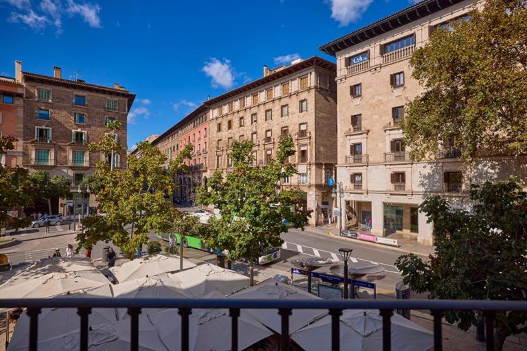 Vistas desde el balcón del Hotel Bosch Boutique con plaza peatonal, árboles y edificios históricos del centro