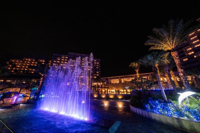 Fuente iluminada en azul y morado del Ryukyu Hotel Resort Nashiro Beach con palmeras decoradas de noche