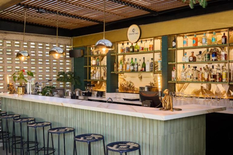 Bar de cócteles con estantería de licores iluminada y decoración tropical en Celestino Boutique Hotel & Spa