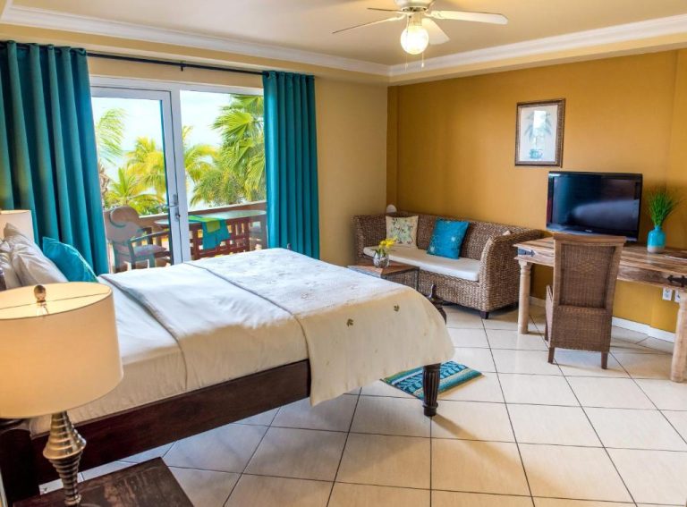 Habitación doble con cama king, balcón con vistas a palmeras y mar en Aruba Surfside Marina