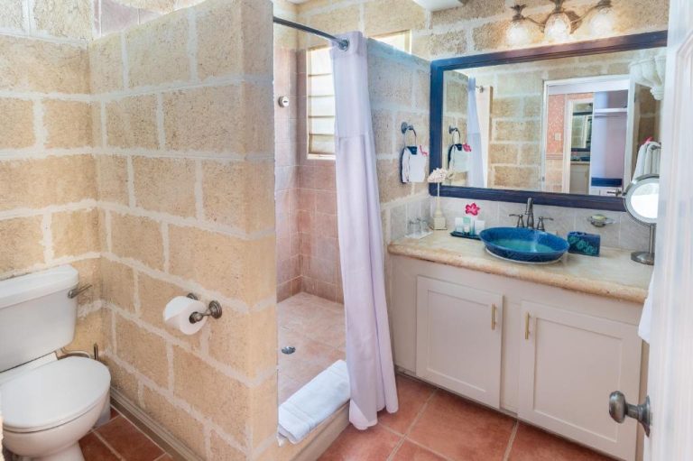 Baño privado con ducha, lavabo azul y paredes de piedra en Little Arches Boutique Hotel Adults Only