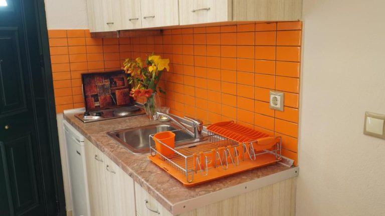 Cocina equipada con fregadero, vitrocerámica y escurreplatos en apartamento Spiti Nikos