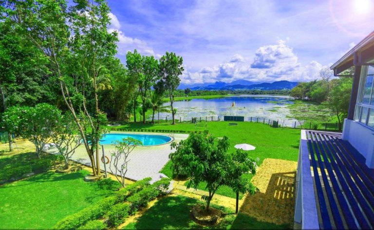 Piscina exterior con vistas al lago y montañas del Lavendish Wild Safari rodeada de jardines tropicales