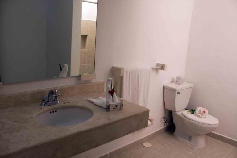 Baño privado con lavabo de mármol, inodoro y toallas decoradas en Sotavento Hotel & Yacht Club