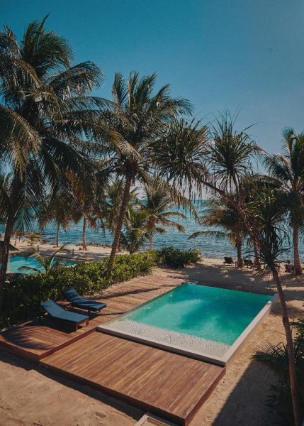 Piscina infinita con terraza de madera y vistas al mar turquesa en Casa Altamar rodeada de palmeras
