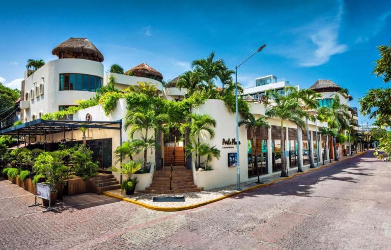 Fachada exterior del Porto Playa Condo Hotel and Beach Club con palmeras en Playa del Carmen