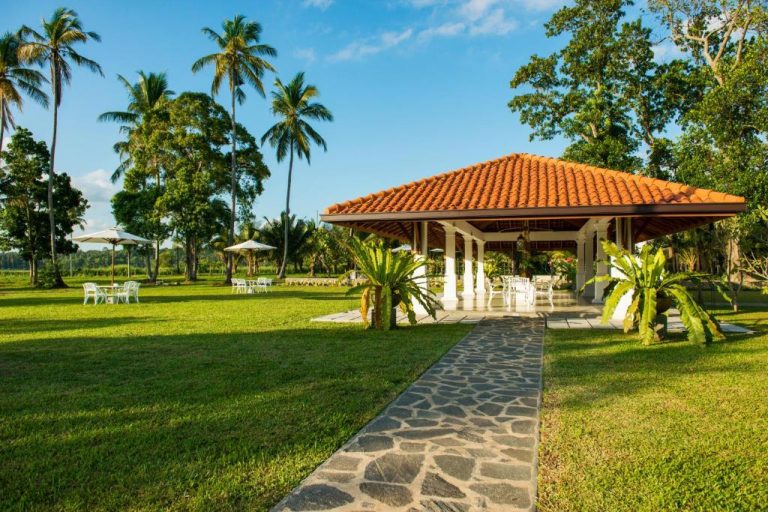 Gazebo con techo de tejas rojas rodeado de jardín tropical en The Notary's House